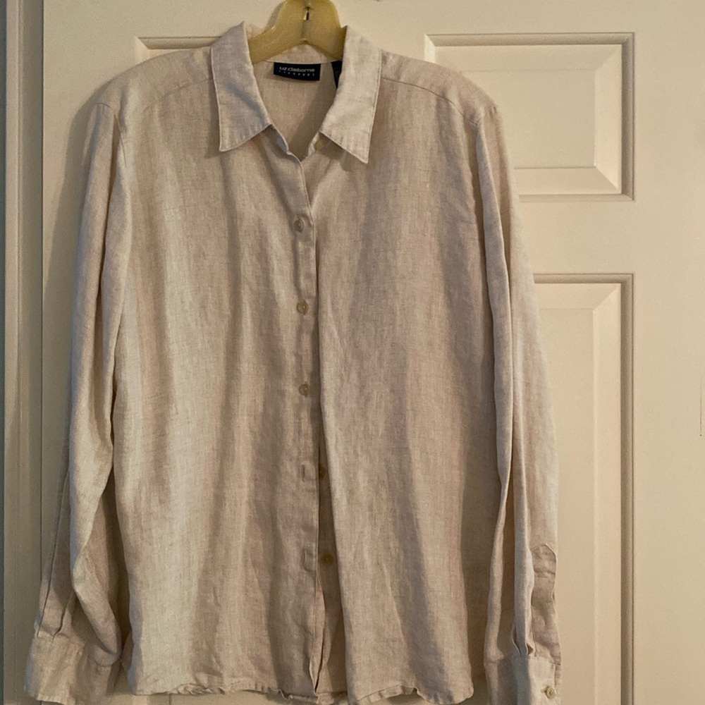 Liz Claiborne 100% linen blouse. Soft beige. Full length sleeves.